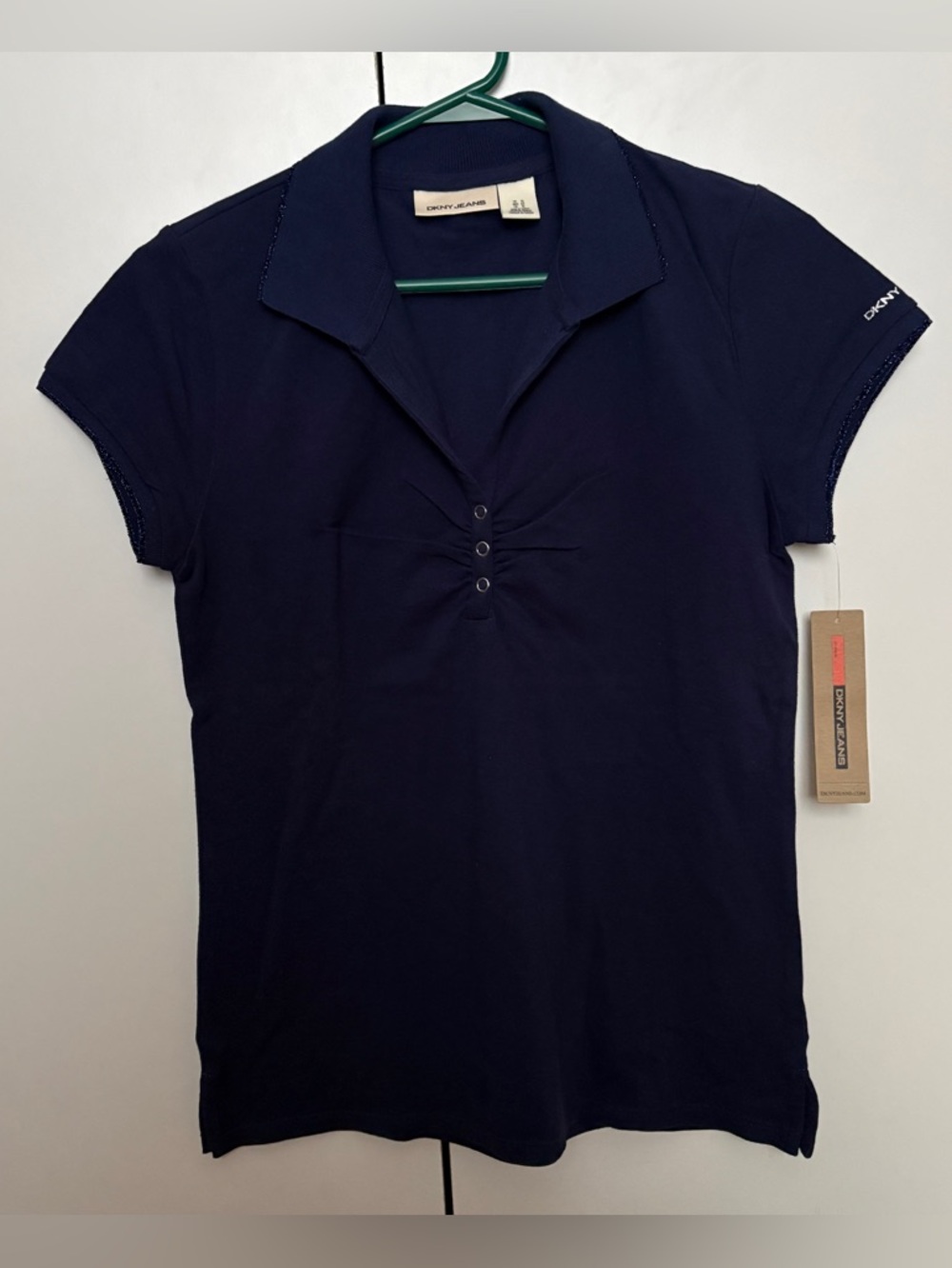 DKNY Women's Dark Navy Short Sleeve Polo T-Shirt - Junior XL (Women XS?) - BNWT